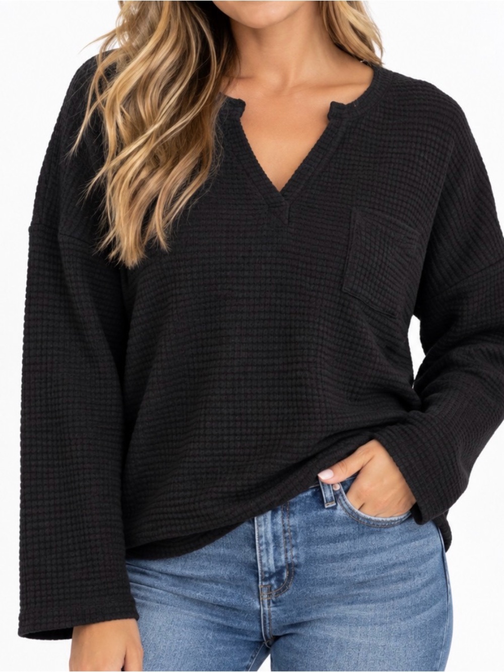 Pink Milly Black Waffle Knit Notch V-Neck Long Sleeve Pocket Top SZ LG